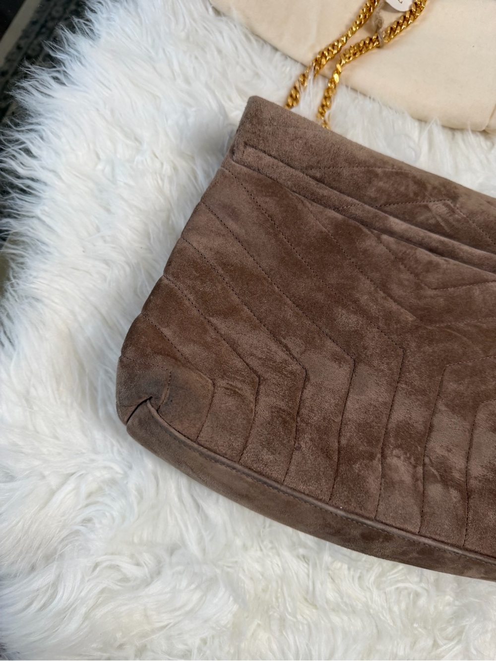 Saint Laurent Taupe Suede LOULOU QUILTED Envelope Bag with Gold Hardware - Picture 5 of 9